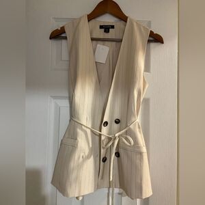 Beige Striped Sleeveless Blazer Vest